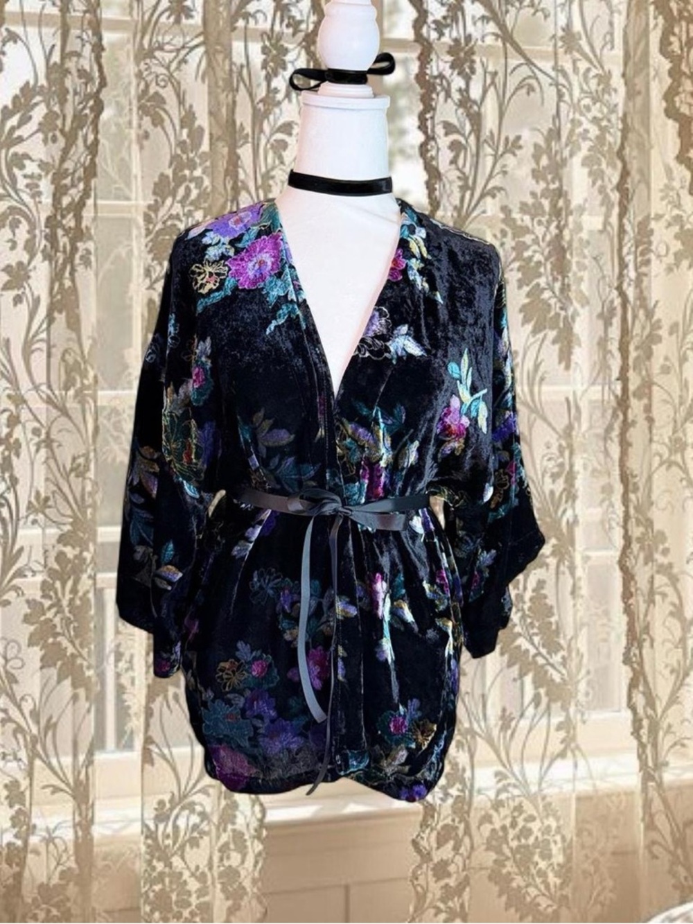 Vintage Y2K Whimsygoth Velvet Cardigan Duster with Black Ribbon Belt
